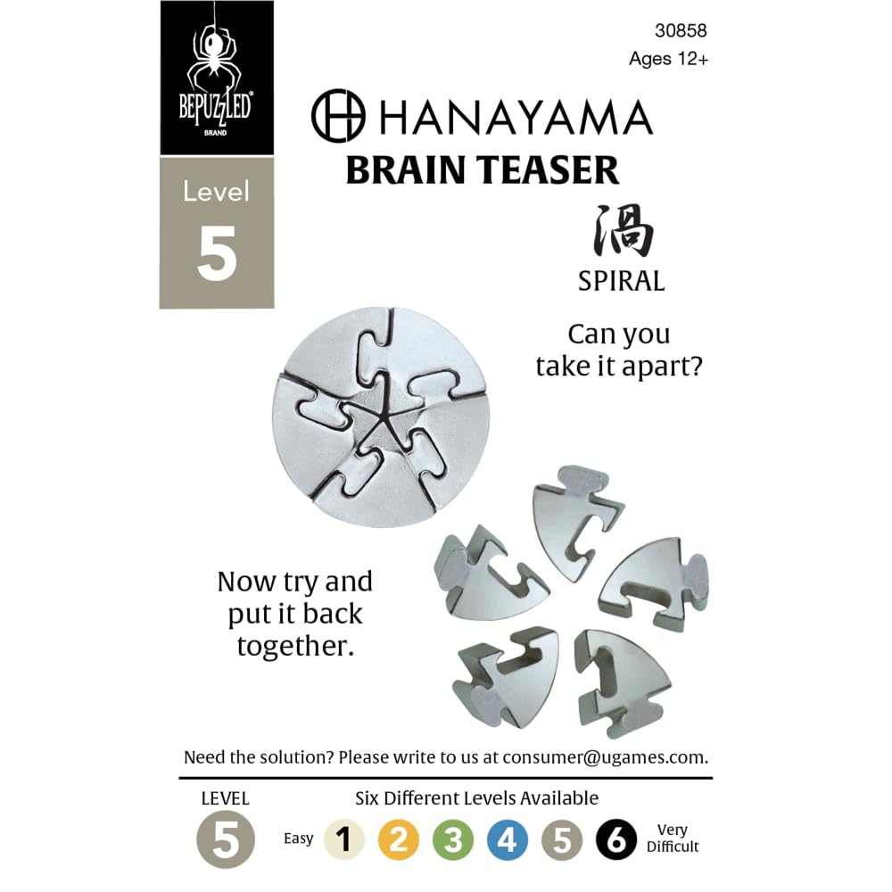Spiral Hanayama Metal Brainteaser Puzzle – Mensa-Rated Level 5, 5-Piece Cast Metal Disentanglement Puzzle for Ages 12+
