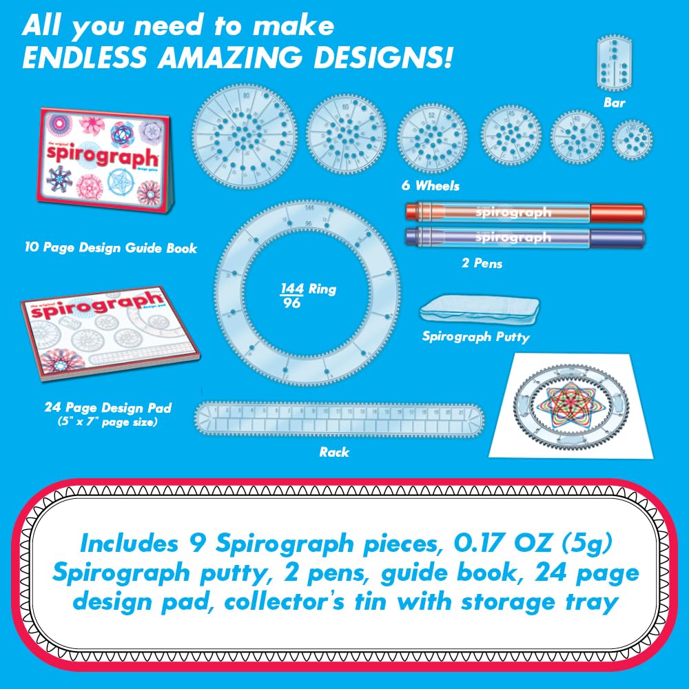 Spirograph Design Set Collector's Tin – Classic Gear Drawing Kit with 9 Pieces, Pens, Putty & Pad, Ages 8+