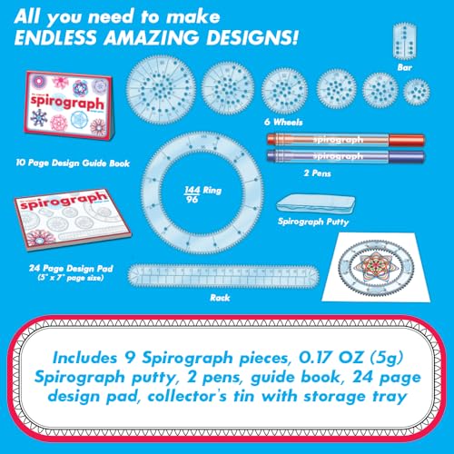Spirograph Design Set Collector's Tin – Classic Gear Drawing Kit with 9 Pieces, Pens, Putty & Pad, Ages 8+