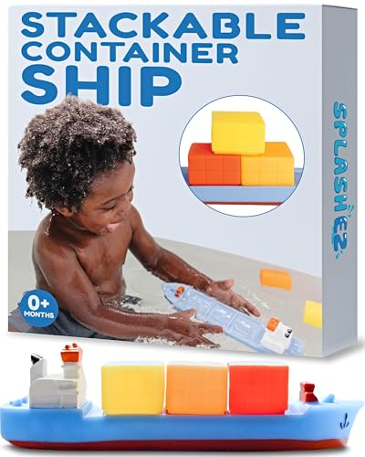 SplashEZ Mold Free Bath Toy Boat – 13-Inch Hole-Less Cargo Ship with Stacking Blocks for Toddlers