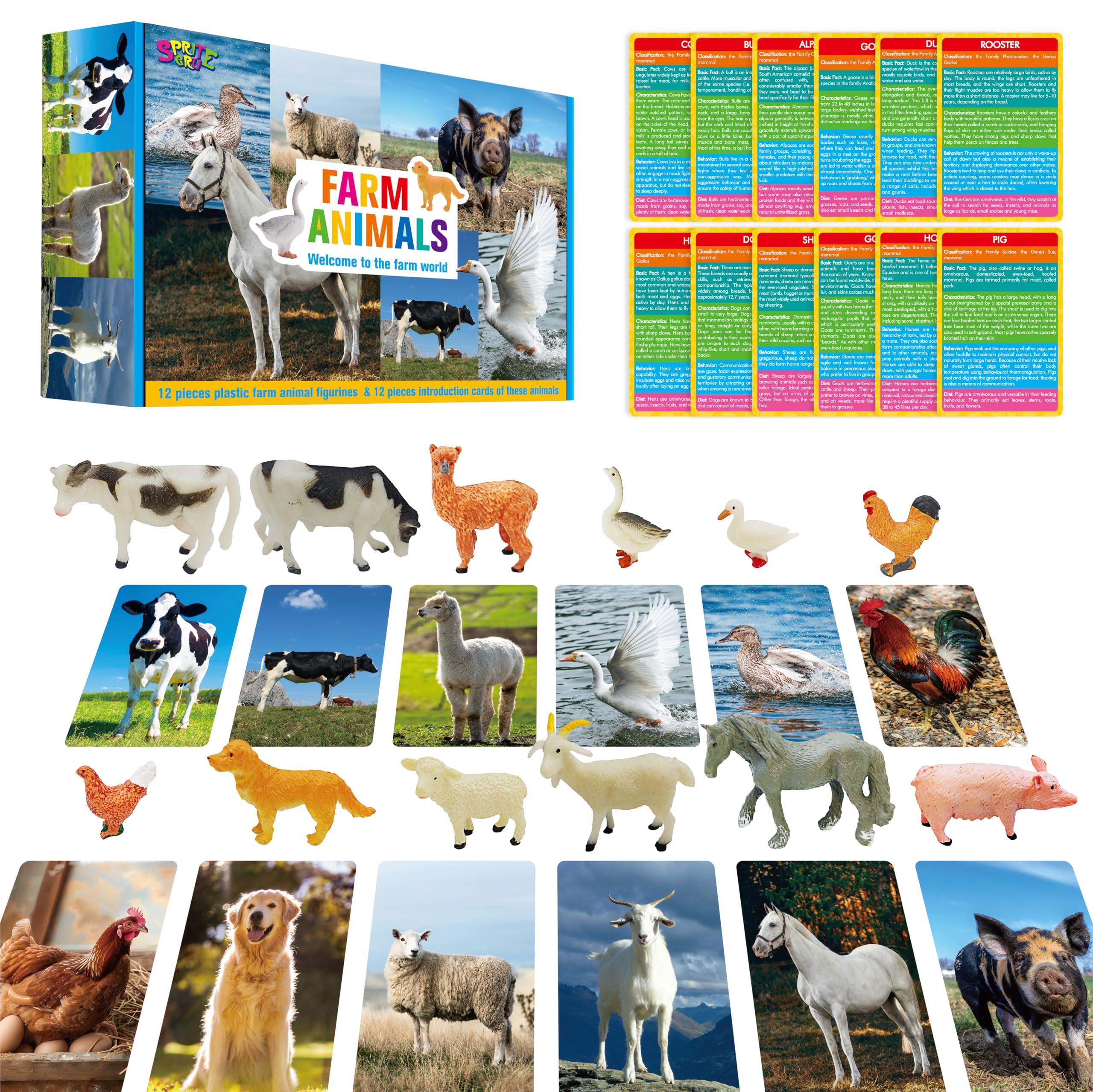 SpriteGru 12 Farm Animal Figurines with Flashcards - Montessori Matching Game for Toddlers
