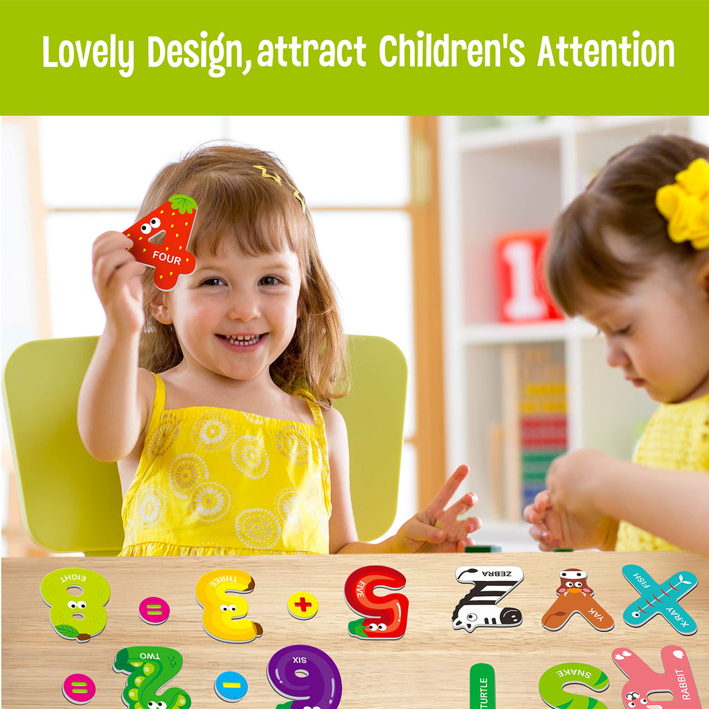 SpriteGru 39-Piece Magnetic Uppercase Letters and Numbers Set with Animal Illustrations for Toddlers 3+