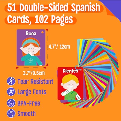 SpriteGru 51-Card Spanish Flashcard Set for Toddlers: Letters, Numbers, Colors, Shapes, Animals, Foods & Body Parts with Rings