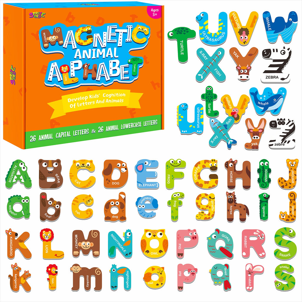 SpriteGru 52 Magnetic Letters: Uppercase & Lowercase Animal ABC Magnets for Kids Ages 3-5