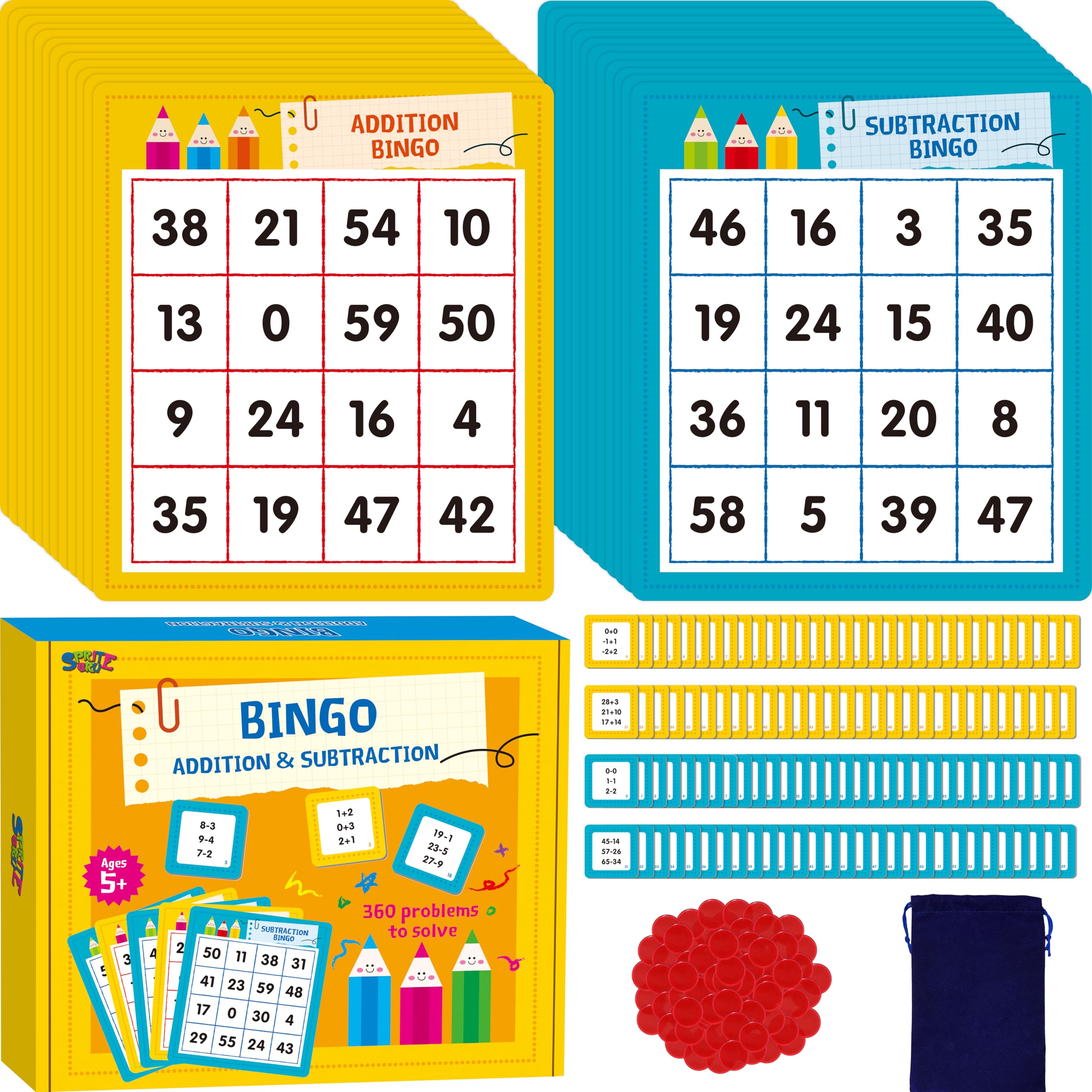 SpriteGru Addition & Subtraction Bingo Game – 360 Math Problems for Kids Ages 4-8, Classroom & Home