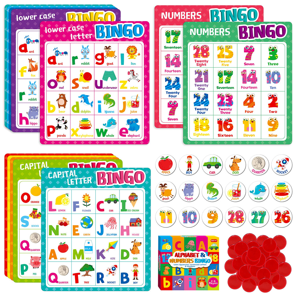 SpriteGru Alphabet Bingo Game – ABC & 123 Bingo for Kids 4-8, 12 Players, with Double-Sided Boards and Chips