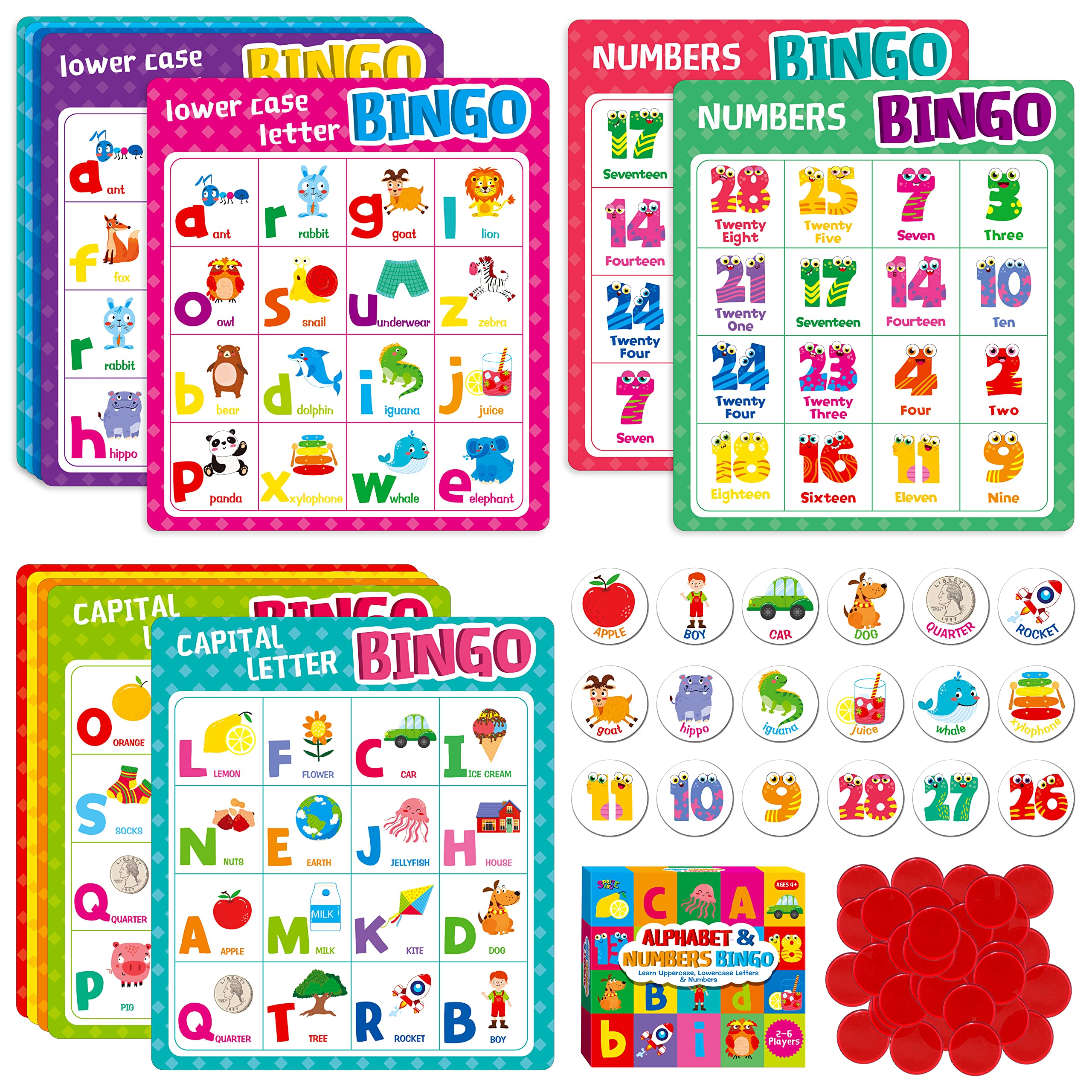 SpriteGru Alphabet Bingo Game – ABC & 123 Bingo for Kids 4-8, 12 Players, with Double-Sided Boards and Chips