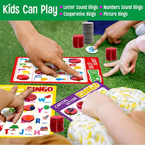 SpriteGru Alphabet Bingo Game – ABC & 123 Bingo for Kids 4-8, 12 Players, with Double-Sided Boards and Chips