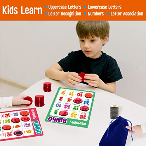 SpriteGru Alphabet Bingo Game – ABC & 123 Bingo for Kids 4-8, 12 Players, with Double-Sided Boards and Chips