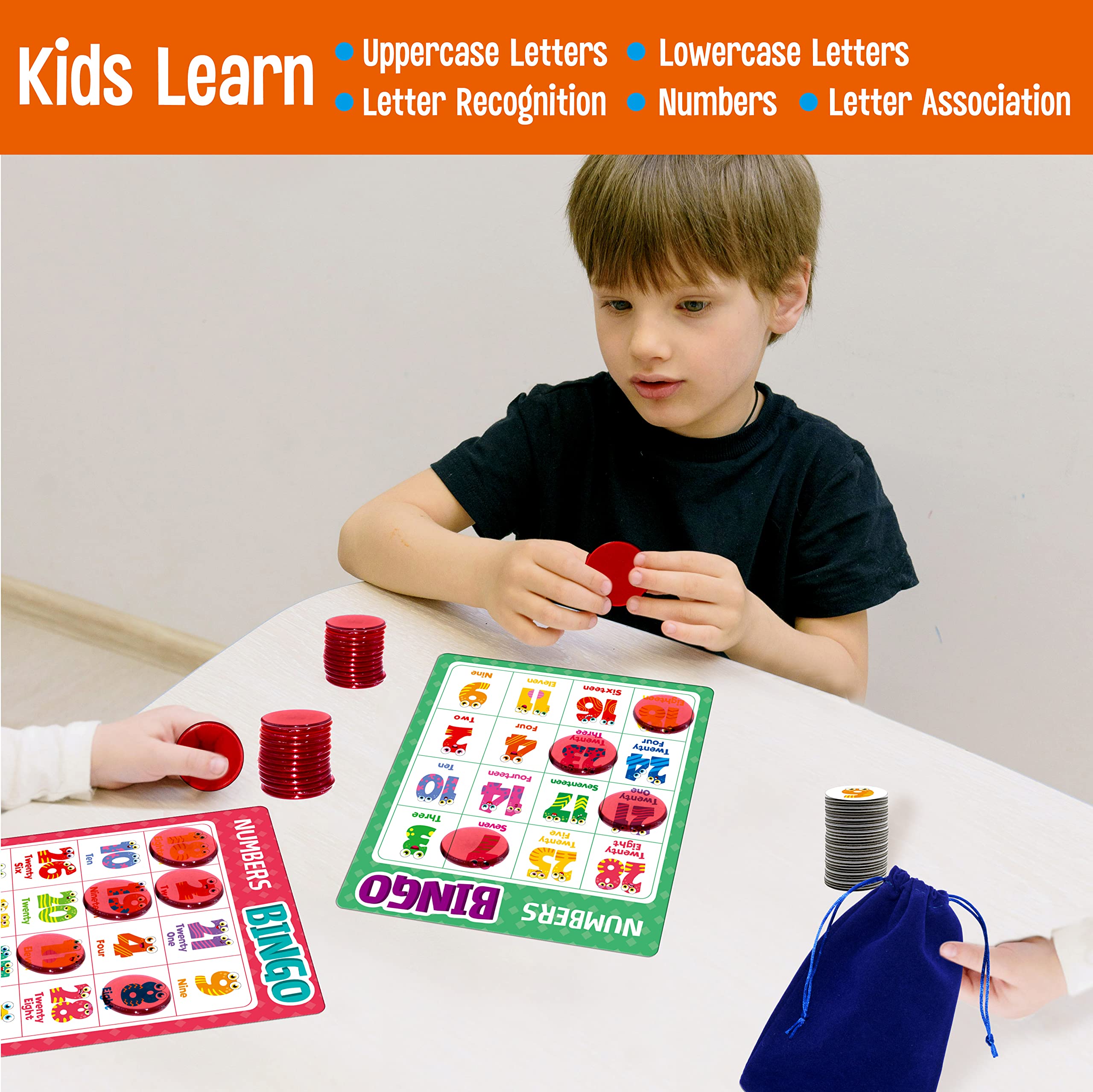 SpriteGru Alphabet Bingo Game – ABC & 123 Bingo for Kids 4-8, 12 Players, with Double-Sided Boards and Chips