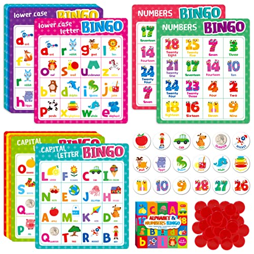 SpriteGru Alphabet Bingo Game – ABC & 123 Bingo for Kids 4-8, 12 Players, with Double-Sided Boards and Chips