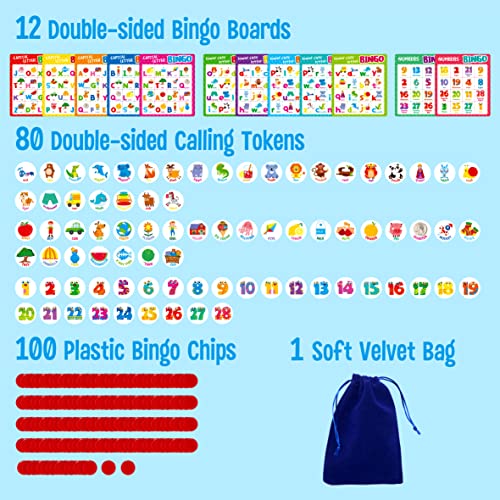 SpriteGru Alphabet Bingo Game – ABC & 123 Bingo for Kids 4-8, 12 Players, with Double-Sided Boards and Chips