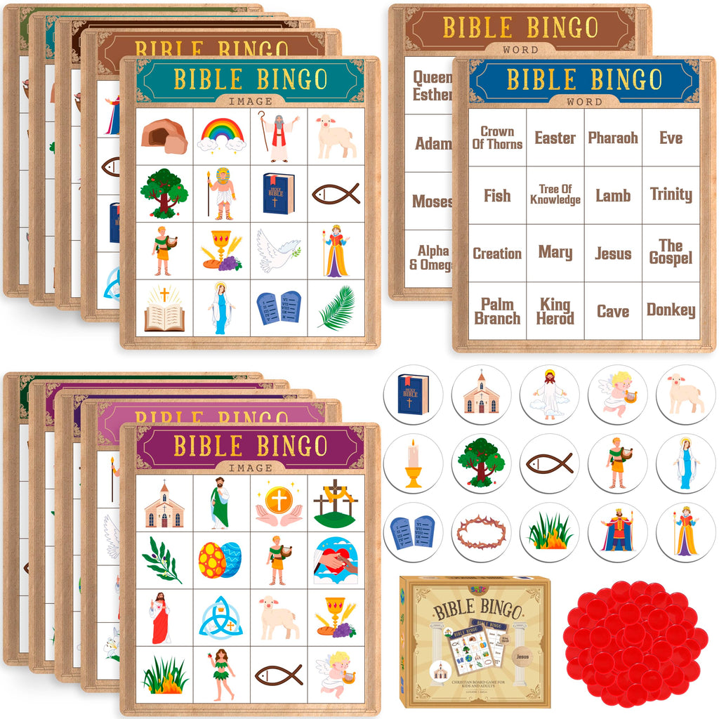 SpriteGru Bible Bingo Game – 12 Double-Sided Boards, 40 Calling Tokens, 100 Chips, for Sunday School and Family Fun