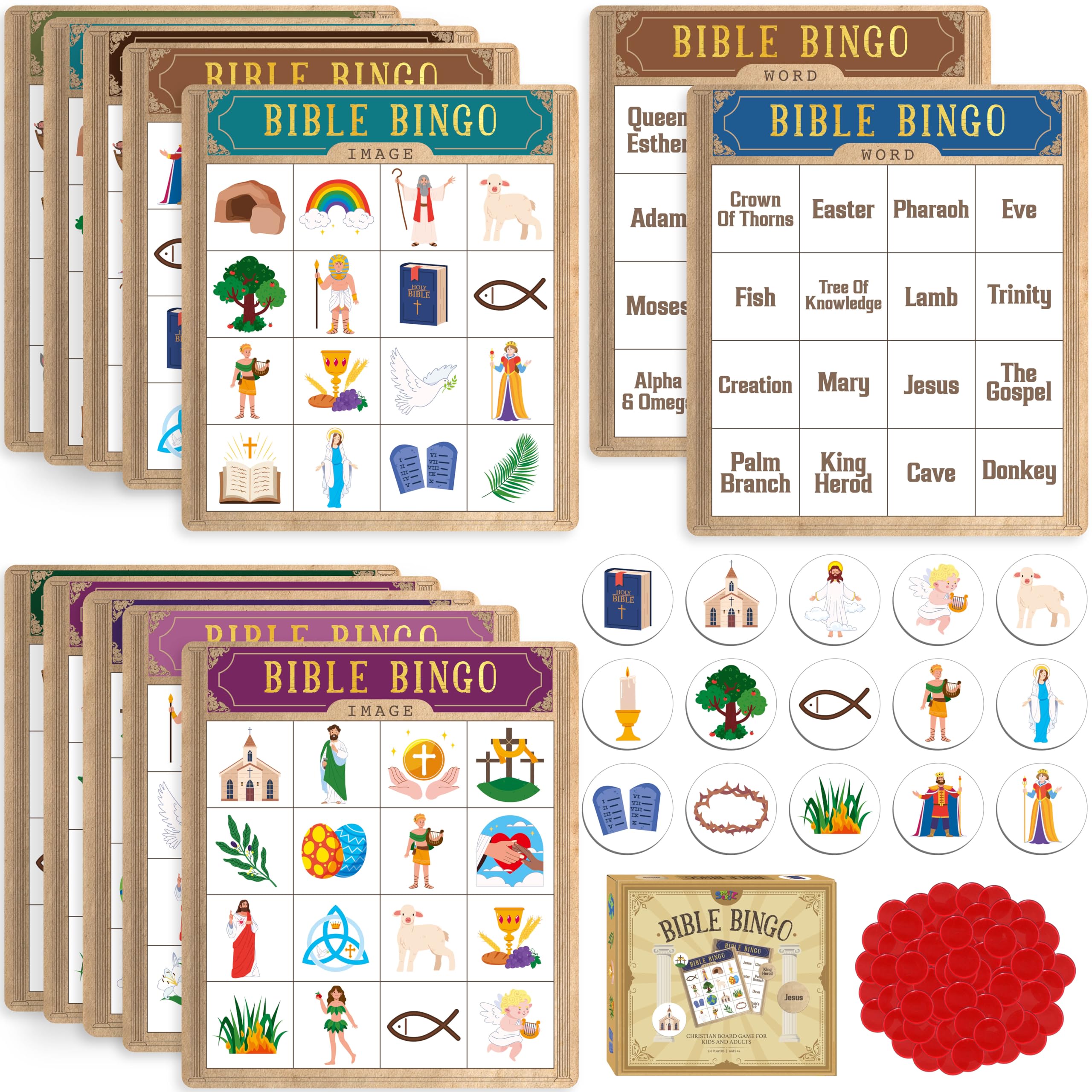 SpriteGru Bible Bingo Game – 12 Double-Sided Boards, 40 Calling Tokens, 100 Chips, for Sunday School and Family Fun