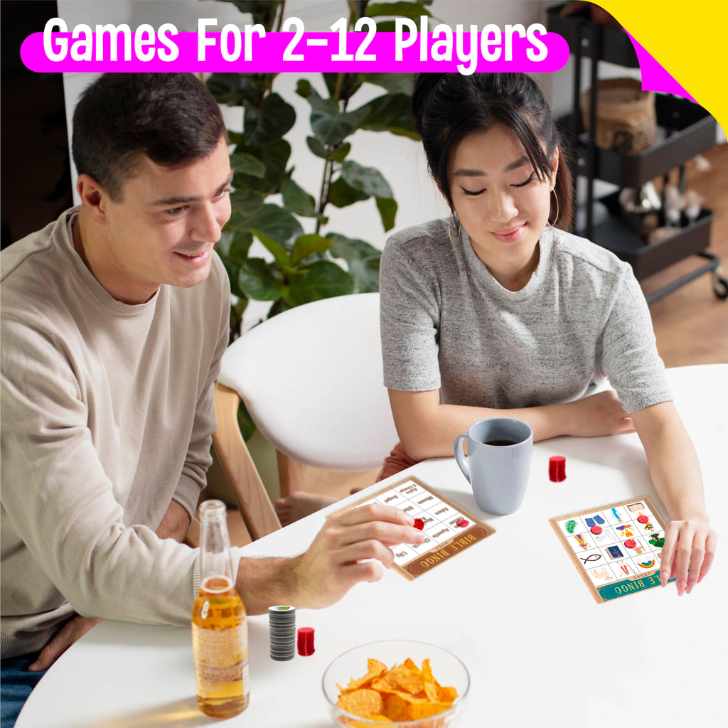 SpriteGru Bible Bingo Game – 12 Double-Sided Boards, 40 Calling Tokens, 100 Chips, for Sunday School and Family Fun