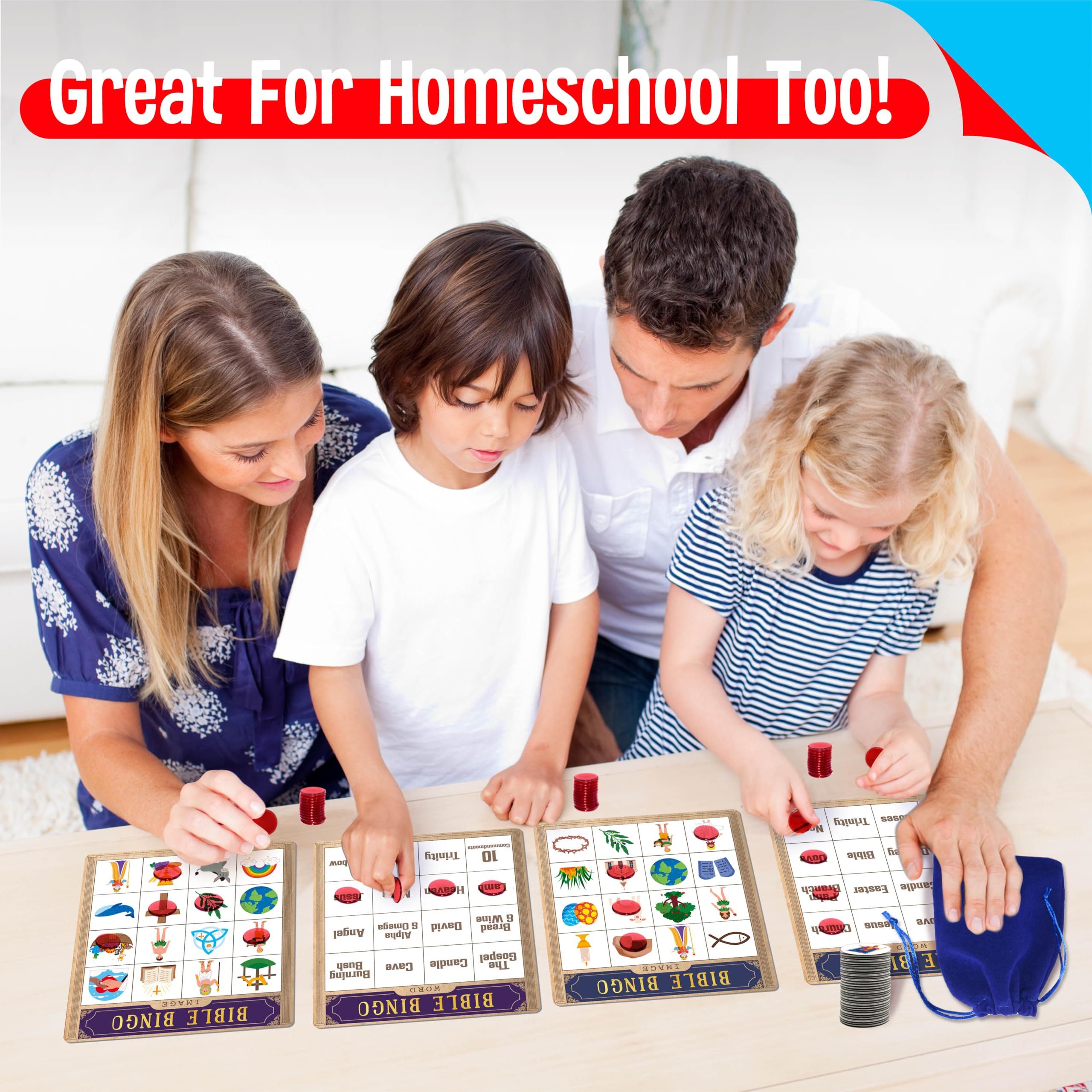 SpriteGru Bible Bingo Game – 12 Double-Sided Boards, 40 Calling Tokens, 100 Chips, for Sunday School and Family Fun