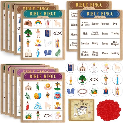 SpriteGru Bible Bingo Game – 12 Double-Sided Boards, 40 Calling Tokens, 100 Chips, for Sunday School and Family Fun