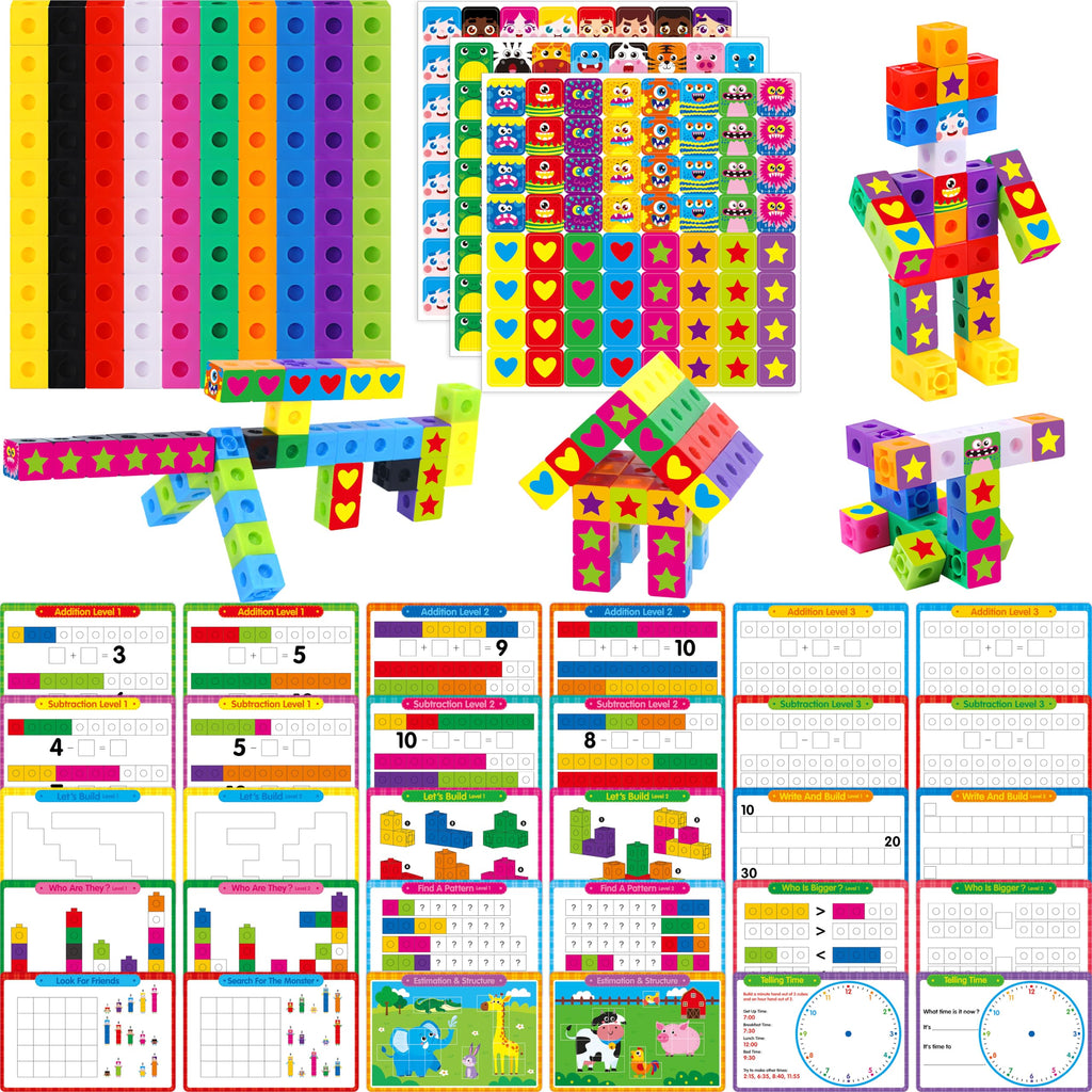 SpriteGru Math Linking Cubes – 100 Counting Blocks with Activity Cards & Stickers