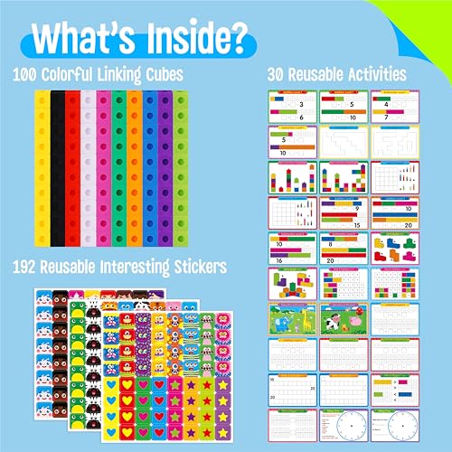 SpriteGru Math Linking Cubes – 100 Counting Blocks with Activity Cards & Stickers