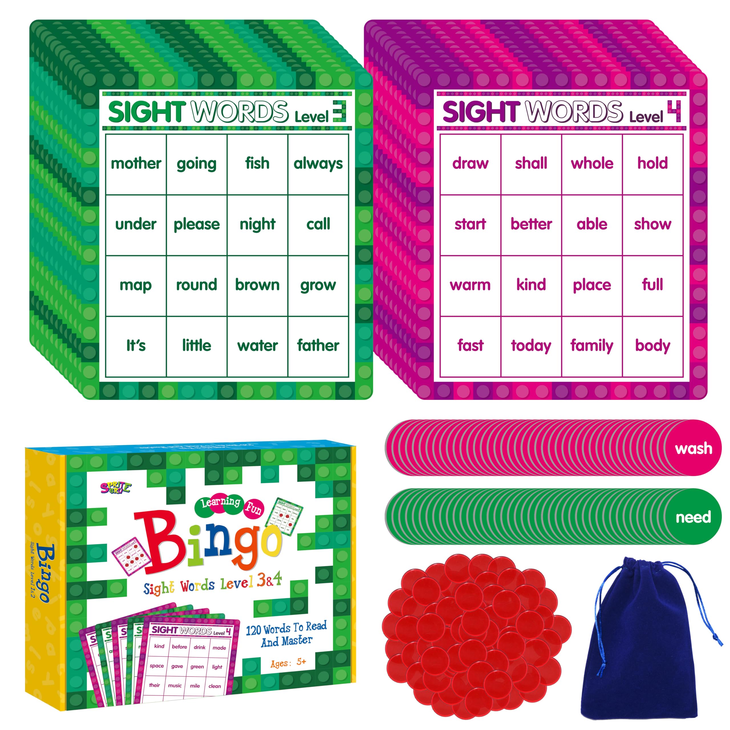 SpriteGru Sight Word Bingo Game: 120 Words for Level 3 & 4, Kindergarten & Preschool