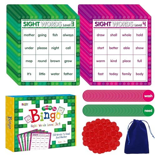 SpriteGru Sight Word Bingo Game: 120 Words for Level 3 & 4, Kindergarten & Preschool