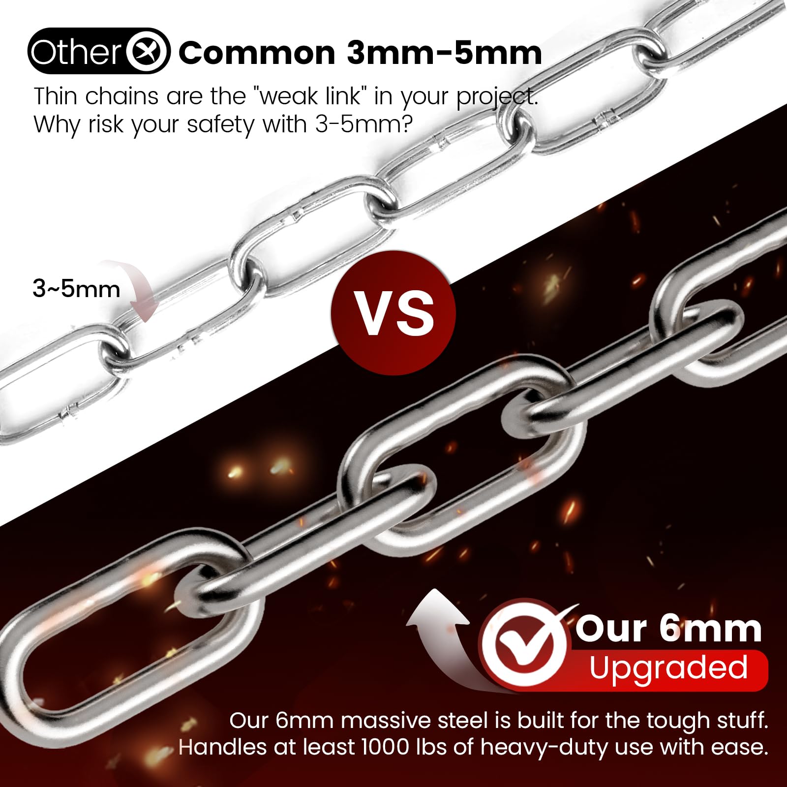 sprookber 1000LB Heavy Duty Hanging Chain 6mm 304 Stainless Steel with Carabiners - 25/45/67 inch for Hammock, Swing, Punching Bag