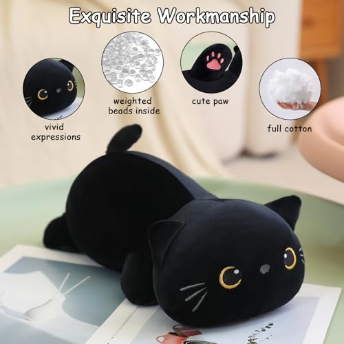 SQEQE Weighted Black Cat Plush, 9.8 Inch – Soft Stuffed Animal That Unfolds into a Pillow (0.8 lbs)