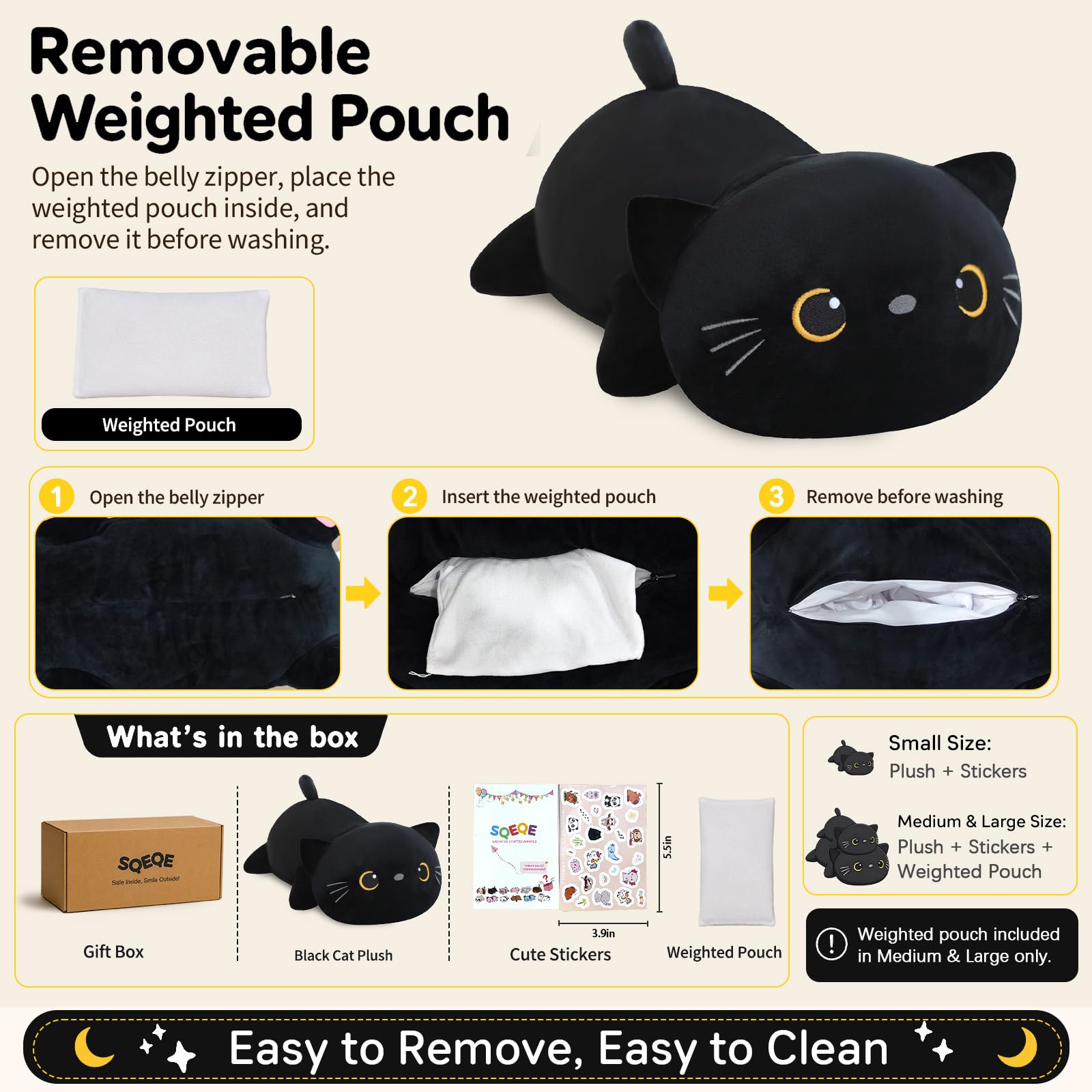 SQEQE Weighted Black Cat Plush, 9.8 Inch – Soft Stuffed Animal That Unfolds into a Pillow (0.8 lbs)