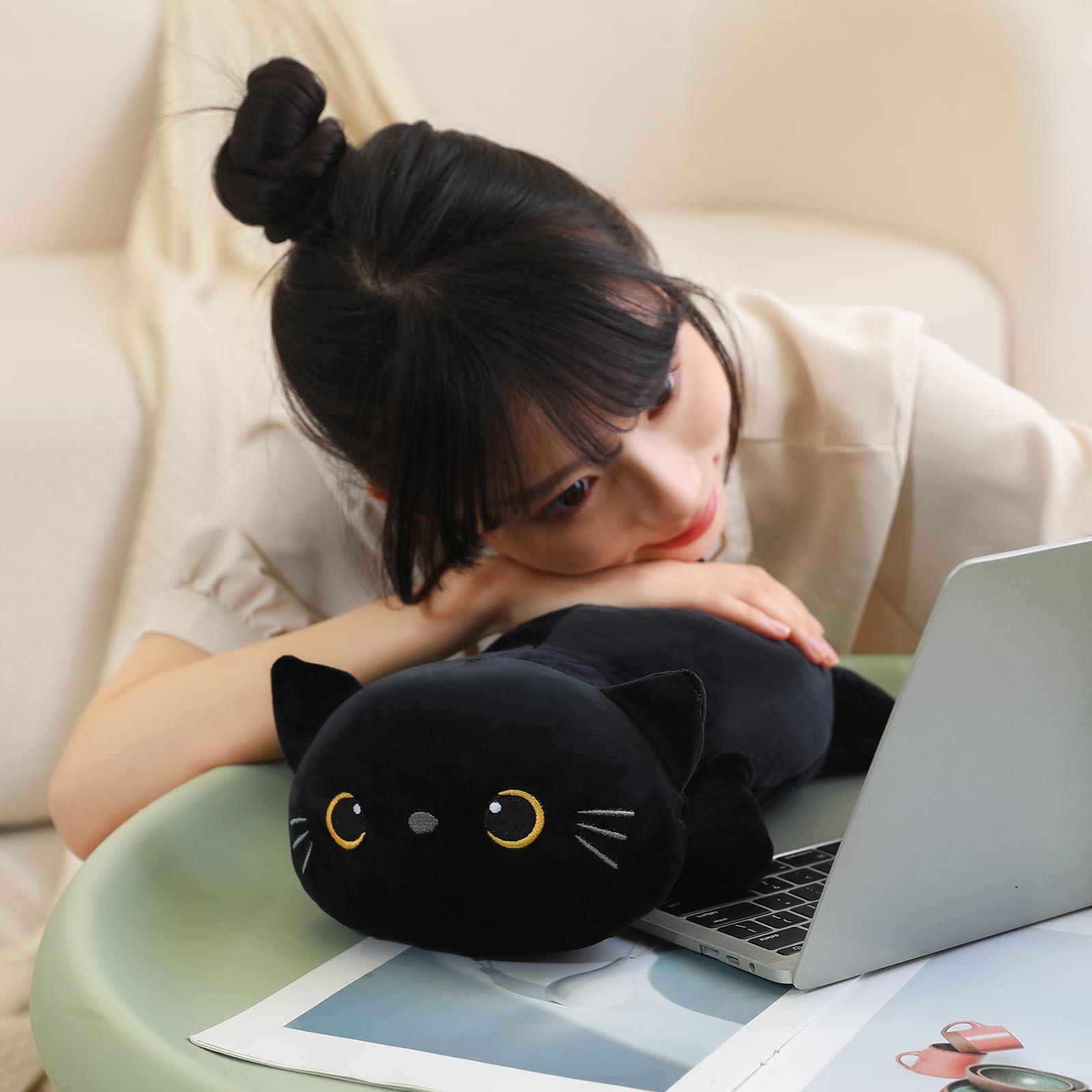 SQEQE Weighted Black Cat Plush, 9.8 Inch – Soft Stuffed Animal That Unfolds into a Pillow (0.8 lbs)