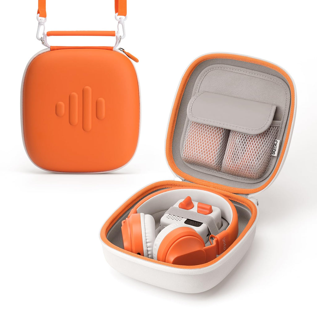 SQERO Protective Hard Shell Case for Yoto Mini (2024 Edition) with Shoulder Strap – Holds Player, Headphones, and Up to 60 Cards (Orange)