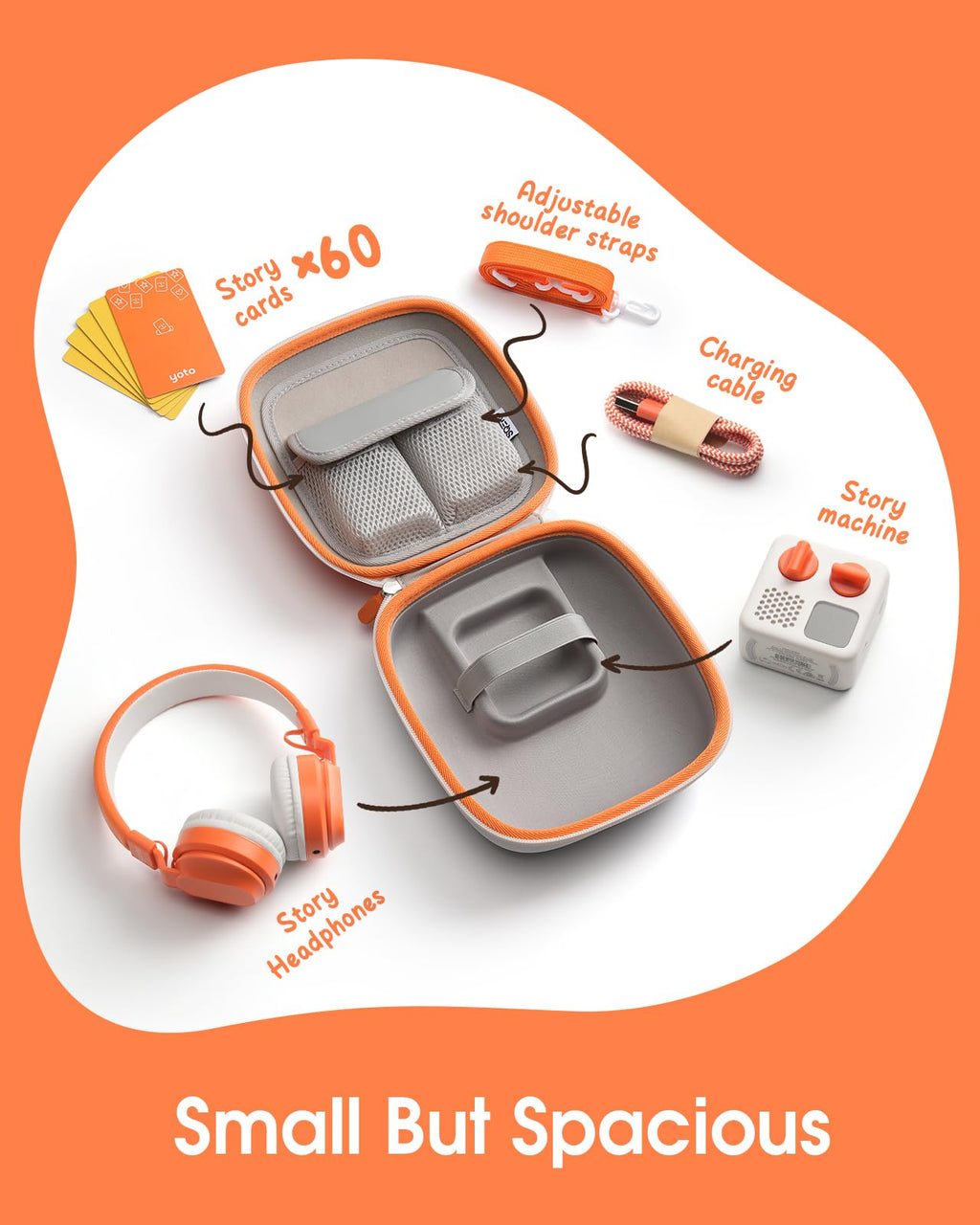 SQERO Protective Hard Shell Case for Yoto Mini (2024 Edition) with Shoulder Strap – Holds Player, Headphones, and Up to 60 Cards (Orange)