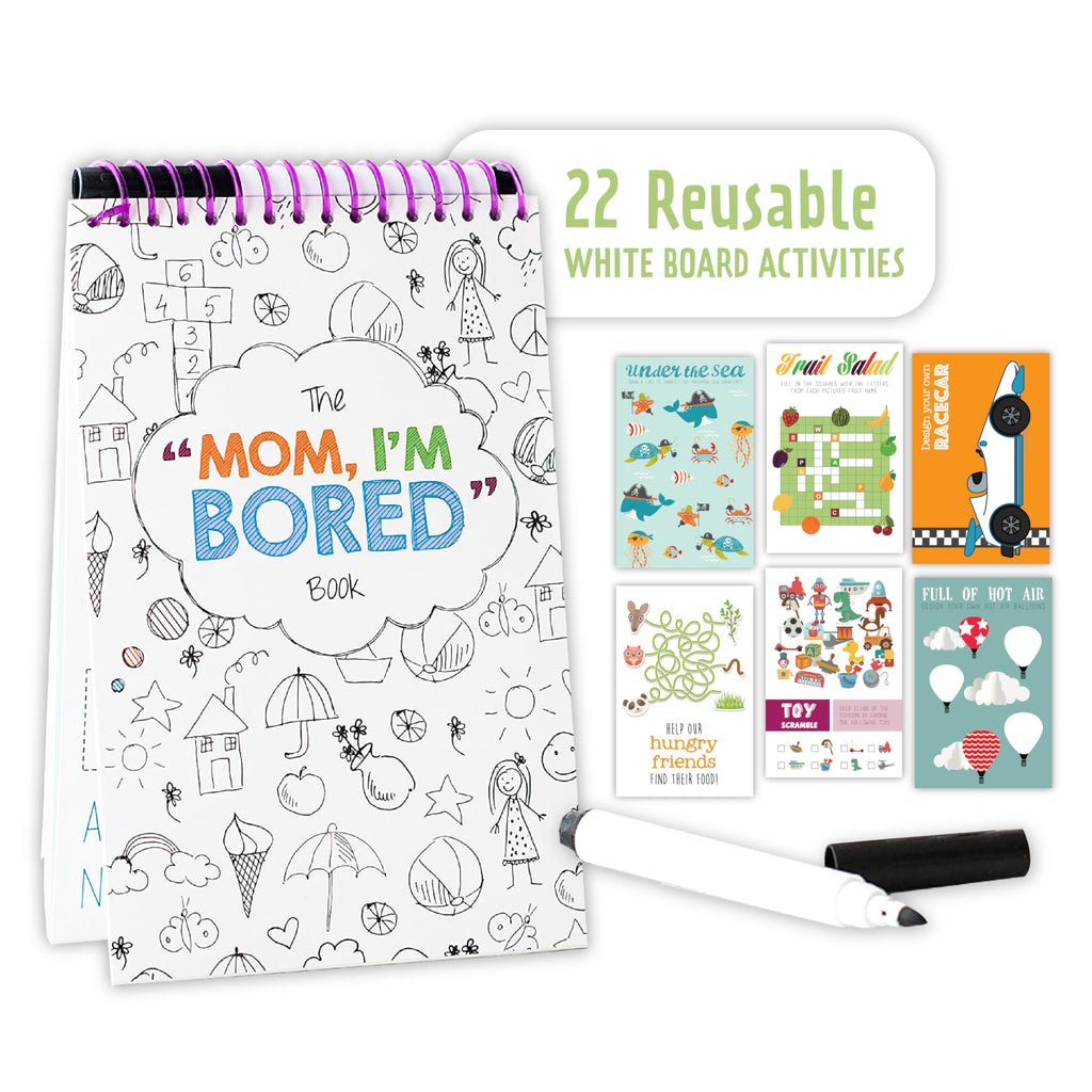 Squirrel Products Mom I'm Bored Activity Book - Reusable Dry Erase Travel Games for Kids Ages 3+