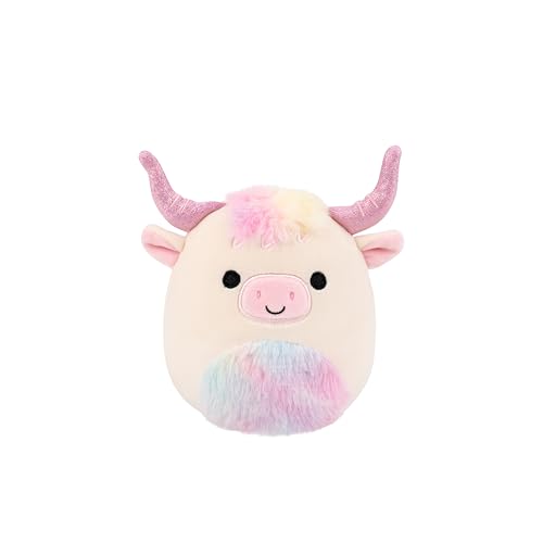 Squishmallows Dagnus 5-Inch Plush: Tan Highland Cow with Rainbow Tie-Dye Belly – Official Jazwares