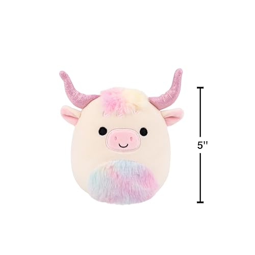 Squishmallows Dagnus 5-Inch Plush: Tan Highland Cow with Rainbow Tie-Dye Belly – Official Jazwares