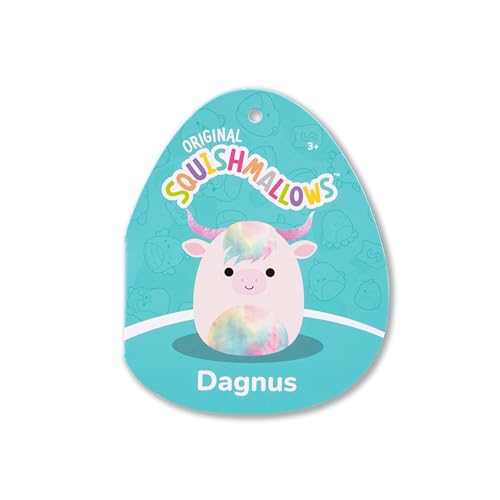 Squishmallows Dagnus 5-Inch Plush: Tan Highland Cow with Rainbow Tie-Dye Belly – Official Jazwares