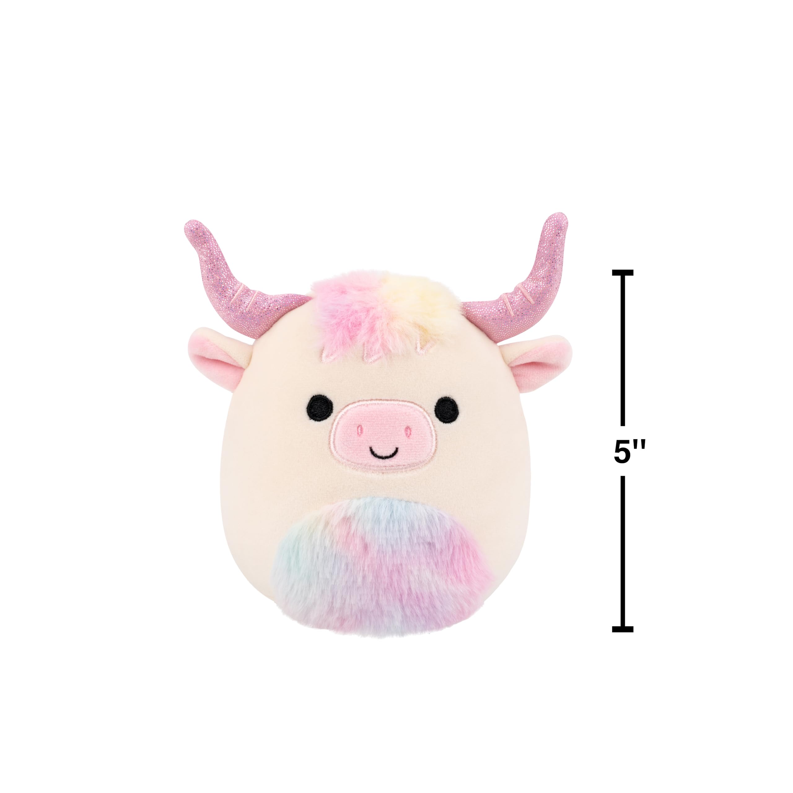 Squishmallows Dagnus 5-Inch Plush: Tan Highland Cow with Rainbow Tie-Dye Belly – Official Jazwares