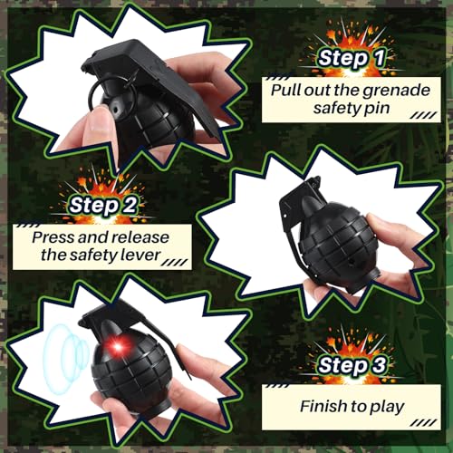 Sratte 4-Pack Toy Hand Grenades with Realistic Sound & LED Flashing Lights – Plastic Fake Grenades for Army Role Play, Green & Black