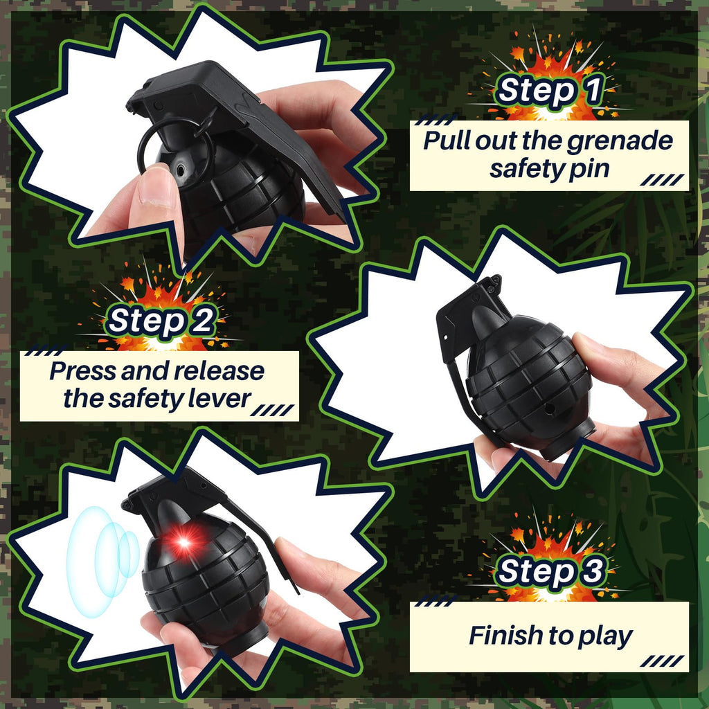 Sratte 4-Pack Toy Hand Grenades with Realistic Sound & LED Flashing Lights – Plastic Fake Grenades for Army Role Play, Green & Black