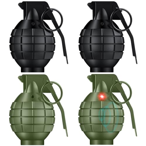 Sratte 4-Pack Toy Hand Grenades with Realistic Sound & LED Flashing Lights – Plastic Fake Grenades for Army Role Play, Green & Black