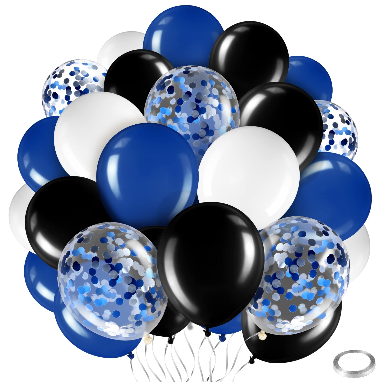 Sratte 60-Pack 12-Inch Black, Blue & White Balloons Kit with Confetti and Ribbon for Graduation, Back to School Parties