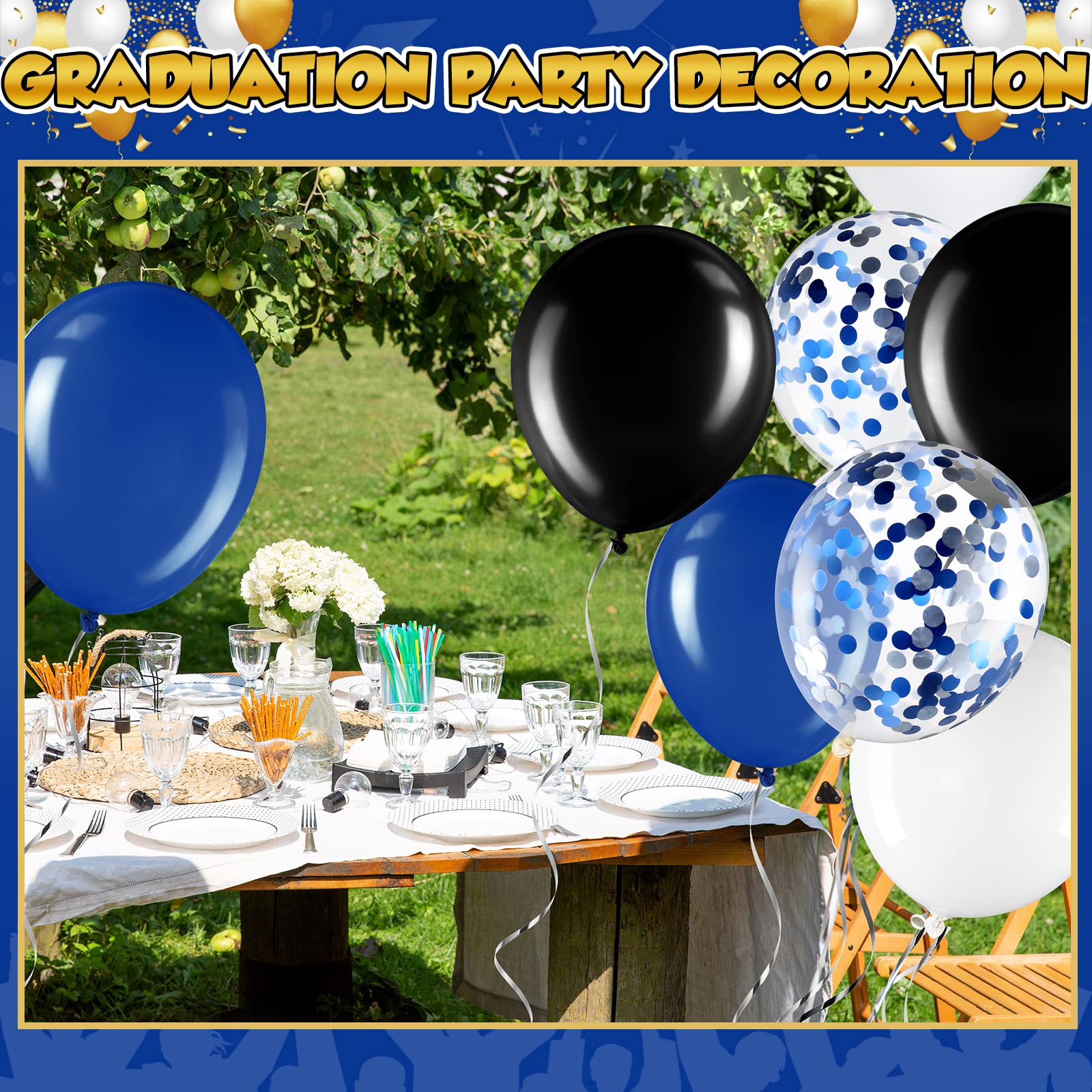Sratte 60-Pack 12-Inch Black, Blue & White Balloons Kit with Confetti and Ribbon for Graduation, Back to School Parties