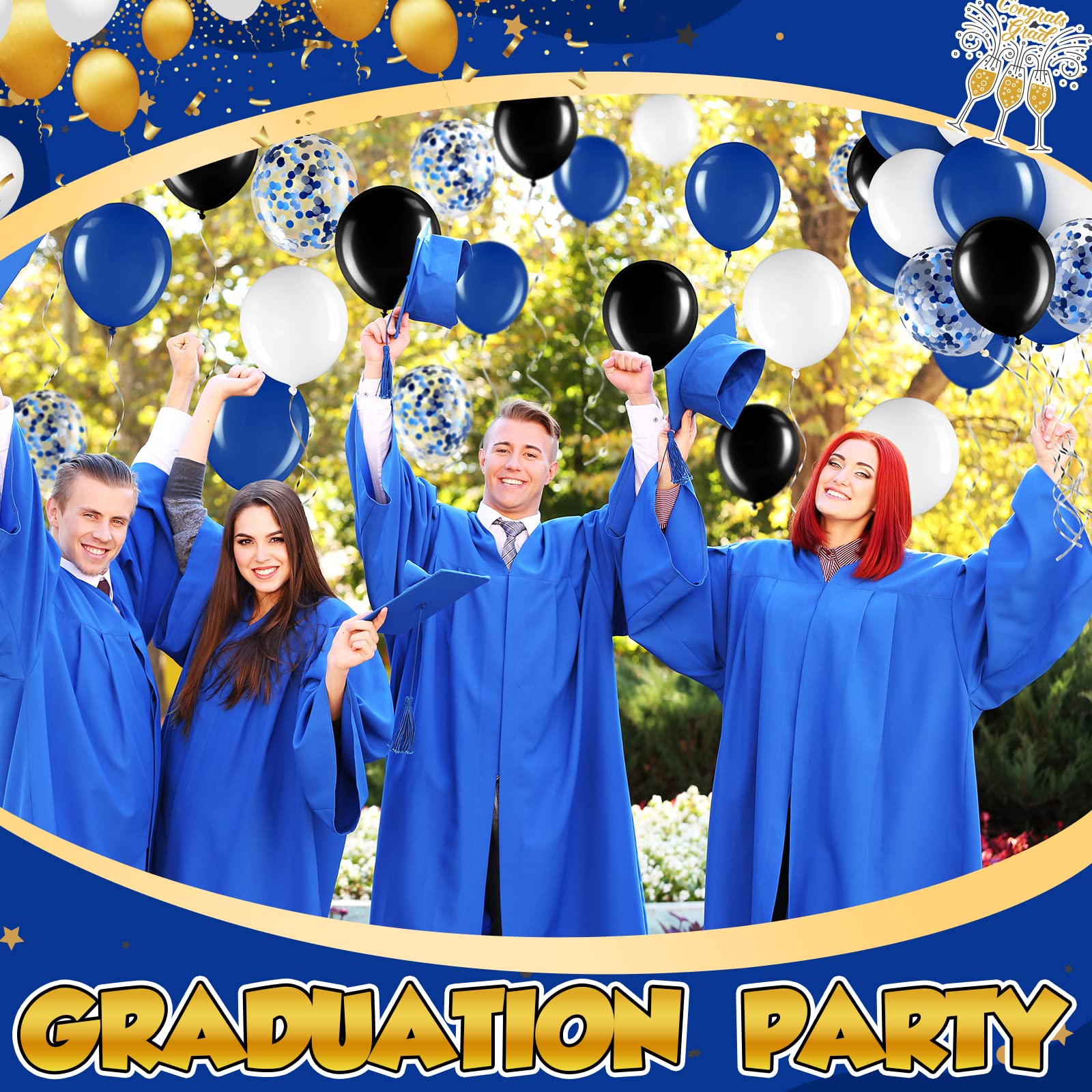 Sratte 60-Pack 12-Inch Black, Blue & White Balloons Kit with Confetti and Ribbon for Graduation, Back to School Parties