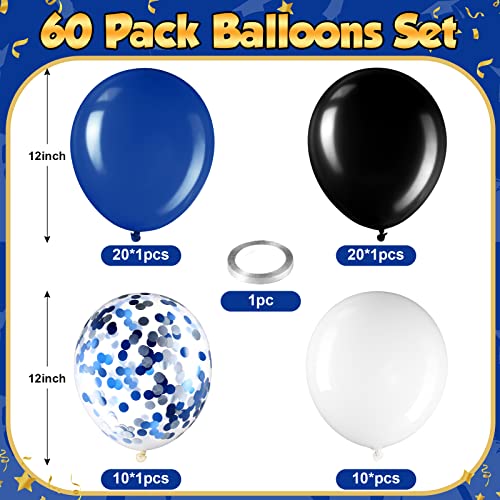 Sratte 60-Pack 12-Inch Black, Blue & White Balloons Kit with Confetti and Ribbon for Graduation, Back to School Parties