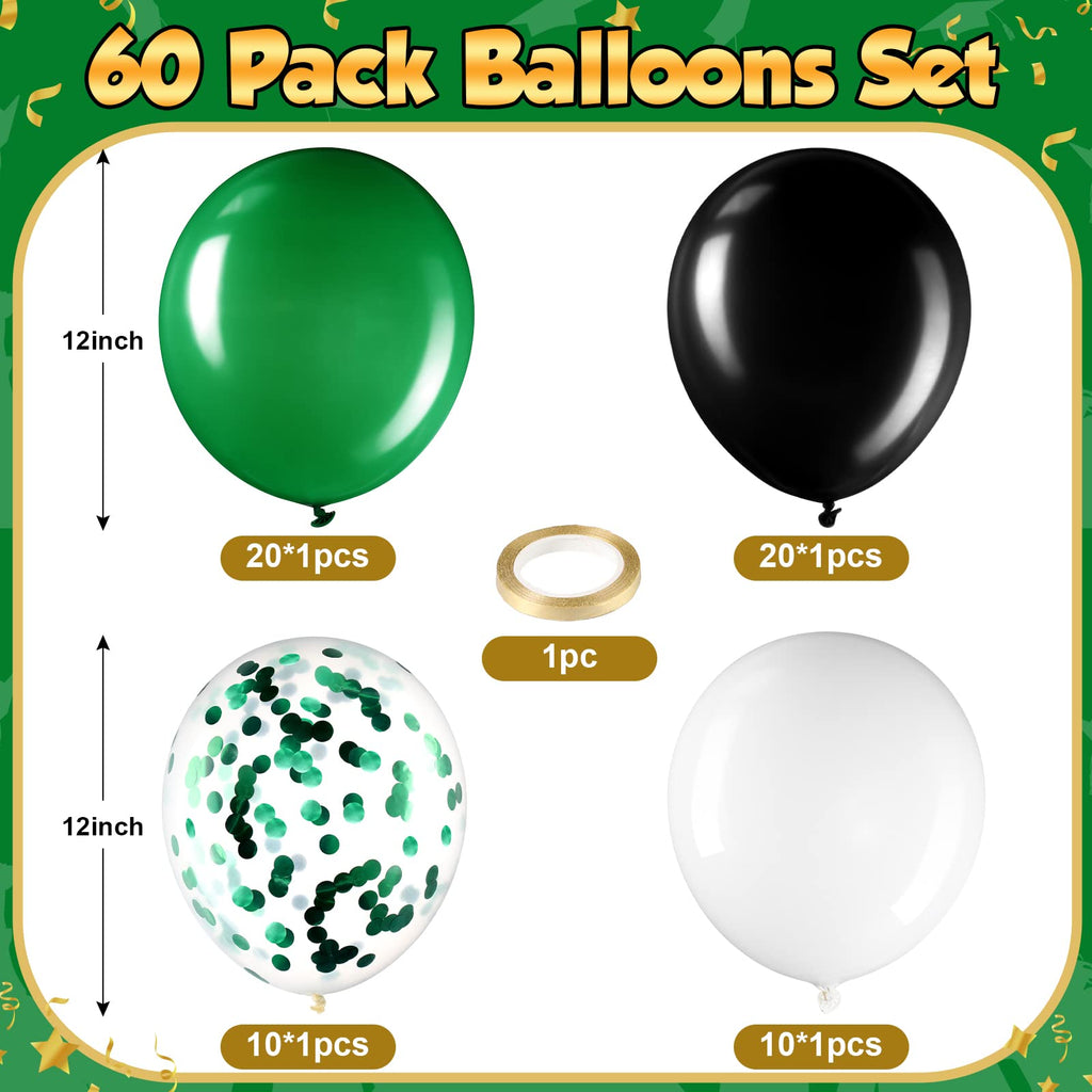 Sratte 60-Piece 12-Inch Balloon Kit: Black, Green & White Latex and Metallic Balloons for Graduation, Birthday, Back to School Parties
