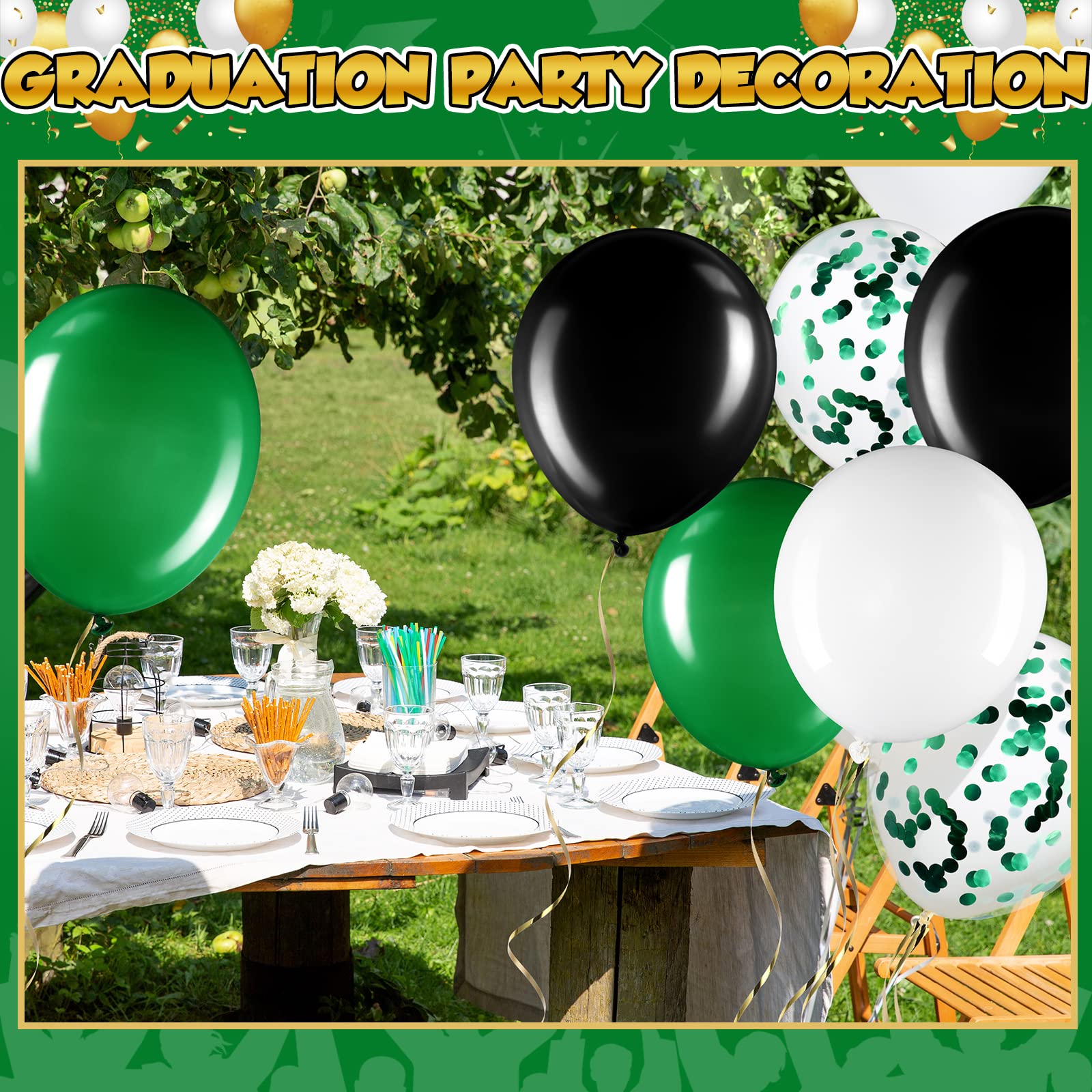 Sratte 60-Piece 12-Inch Balloon Kit: Black, Green & White Latex and Metallic Balloons for Graduation, Birthday, Back to School Parties