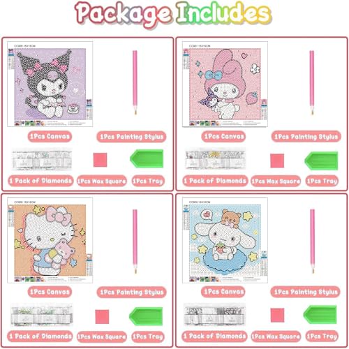 Sretoul 4 Pack Cartoon Diamond Art Kits for Kids - DIY Crystal Gem Painting (6x6 inch)