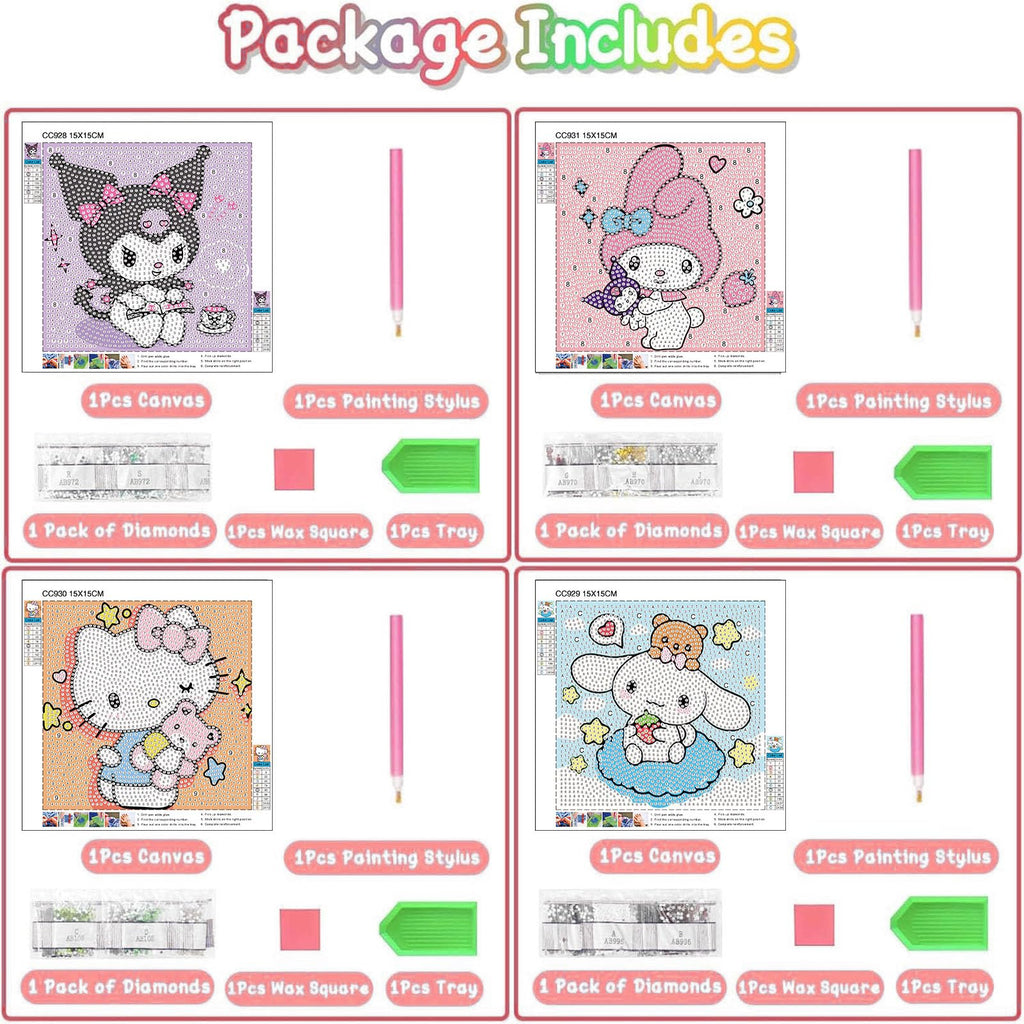 Sretoul 4 Pack Cartoon Diamond Art Kits for Kids - DIY Crystal Gem Painting (6x6 inch)