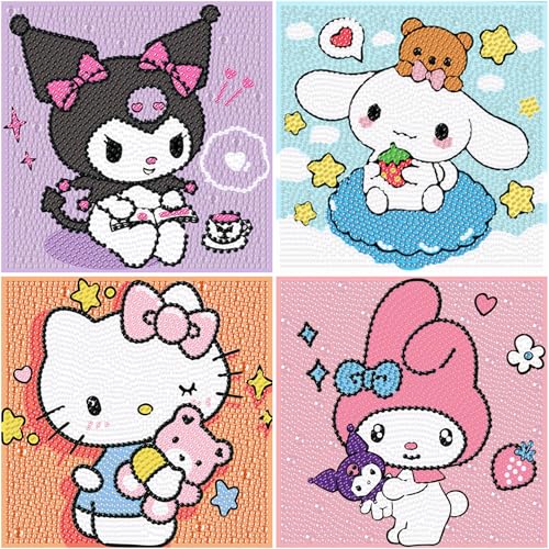 Sretoul 4 Pack Cartoon Diamond Art Kits for Kids - DIY Crystal Gem Painting (6x6 inch)