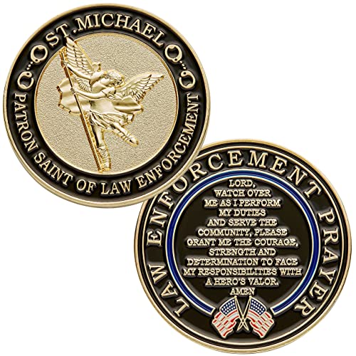 St. Michael Patron Saint of Law Enforcement Challenge Coin – Hero's Valor with Thin Blue Line and Prayer (Single Coin)