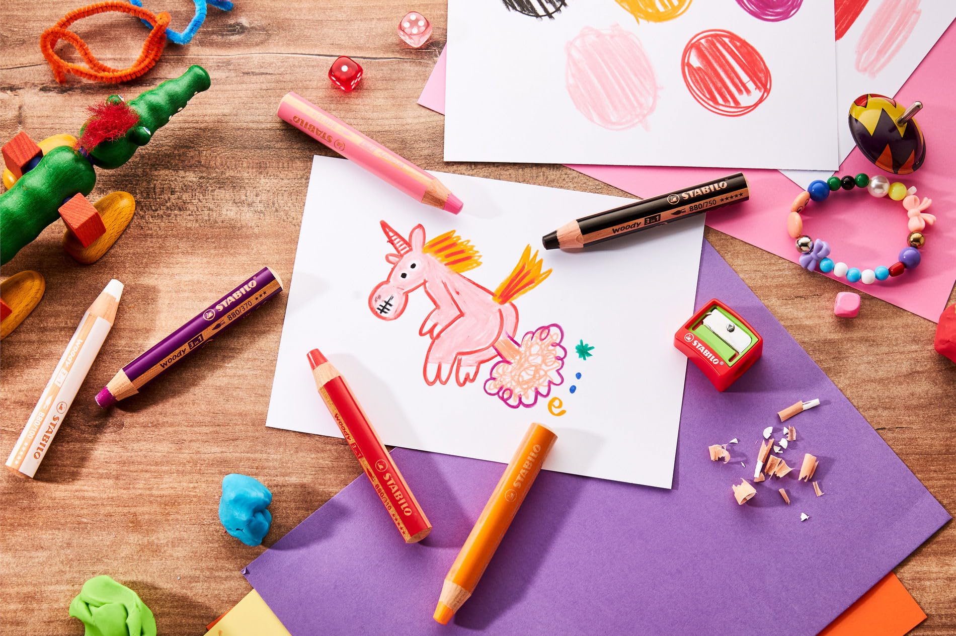 STABILO woody 3-in-1 Pencils, Birthday Edition Unicorn, Pack of 6 with Sharpener